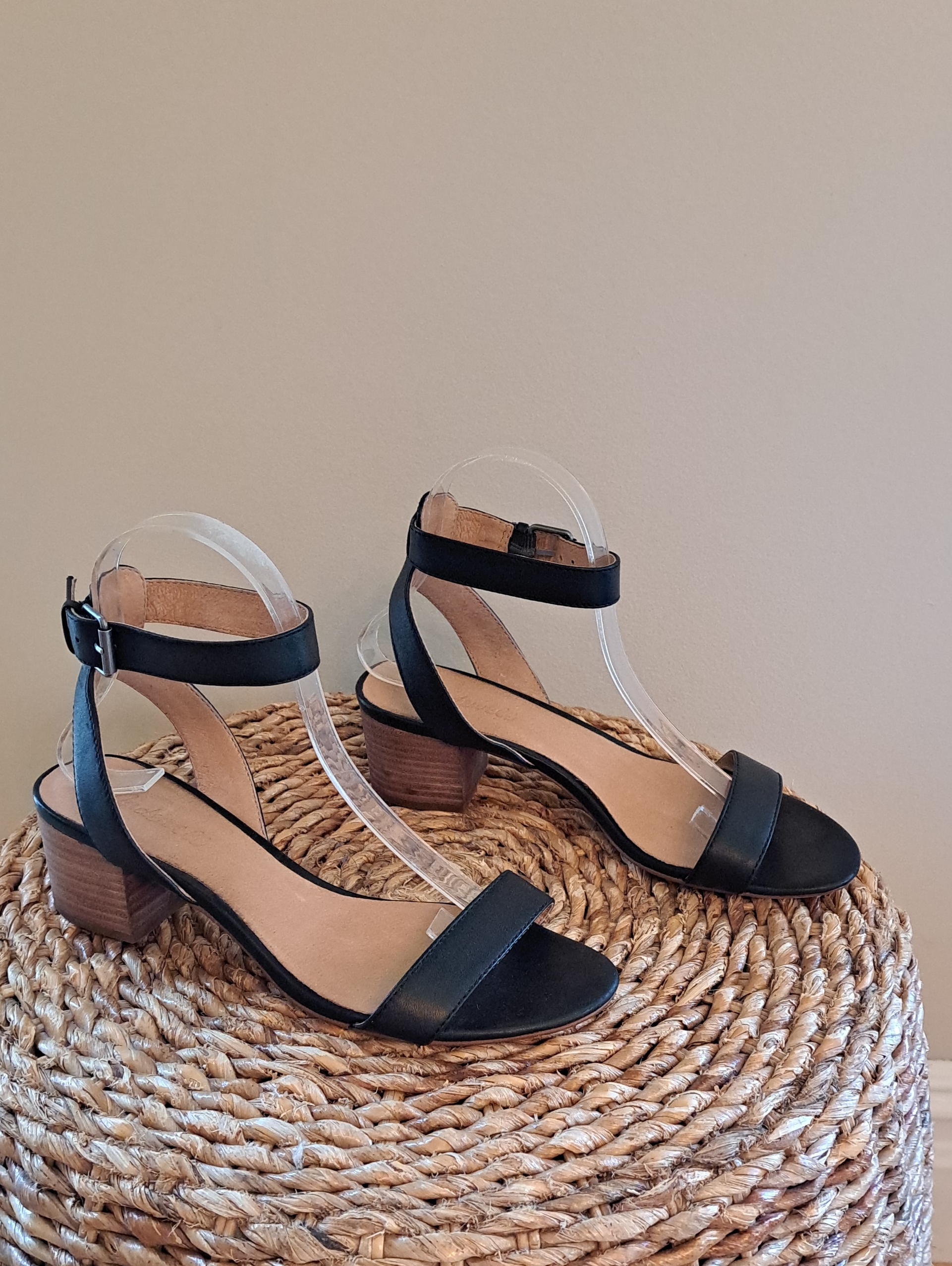 Madewell Womens Alice Preppy Black Leather Slingback Block Heel Sandals 7.5
